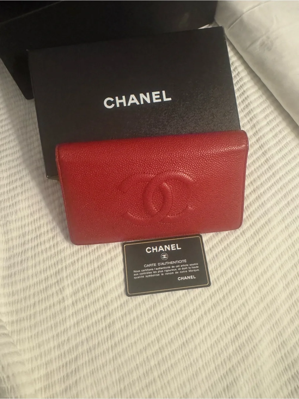 CHANEL Red Leather Card & Key Holder with Embossed CC